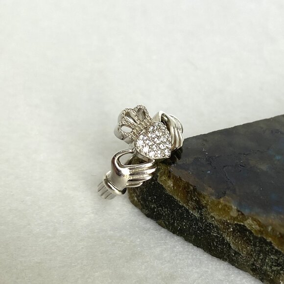 Milor Sterling Silver 925 Italy Pave Cubic Zirconia Heart Claddagh Band Ring - Picture 13 of 15